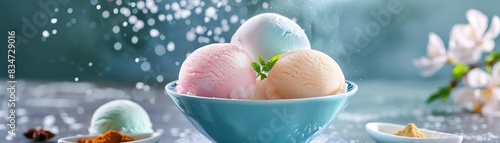 Mochi ice cream, chewy and creamy, served in a bowl with a vibrant dessert shop scene