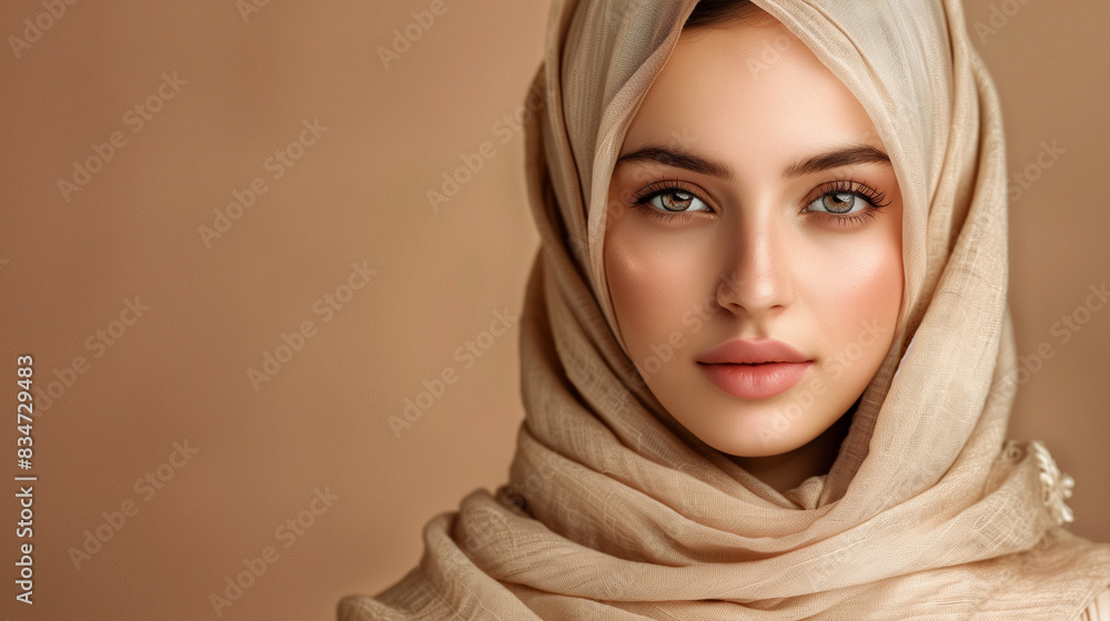 Portrait of beautiful modern muslim woman with natural make-up dressed in beige hijab posing on brown background in studio. Facial skin care, female beauty Portrait of beautiful modern muslim woman with natural make-up dressed in beige hijab posing on brown background in studio. Facial skin care, female beauty