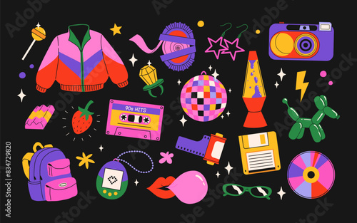 Classic 80s back to 90s elements in modern flat style. Hand drawn sticker set, vector illustration. Fashion patch, badge, emblem with vintage accessories.