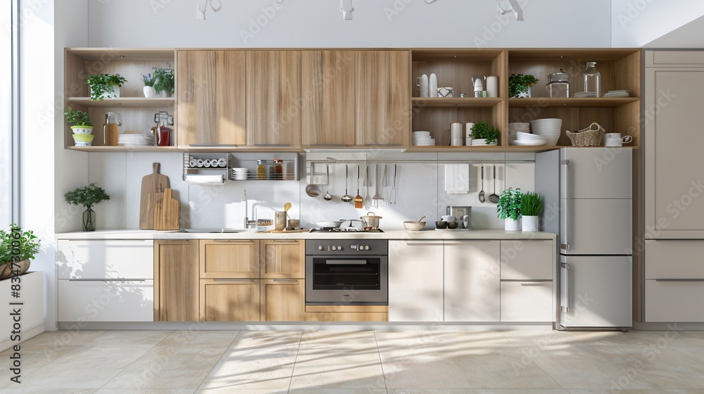 Close up view of a modern, clean, sunny kitchen in minimalist style Close up view of a modern, clean, sunny kitchen in minimalist style