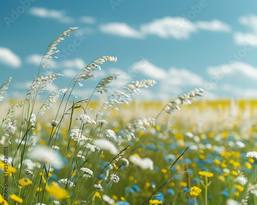 Idyllic meadow with wildflowers and tall grass swaying in the breeze under a bright blue sky with fluffy clouds on a sunny day. photo