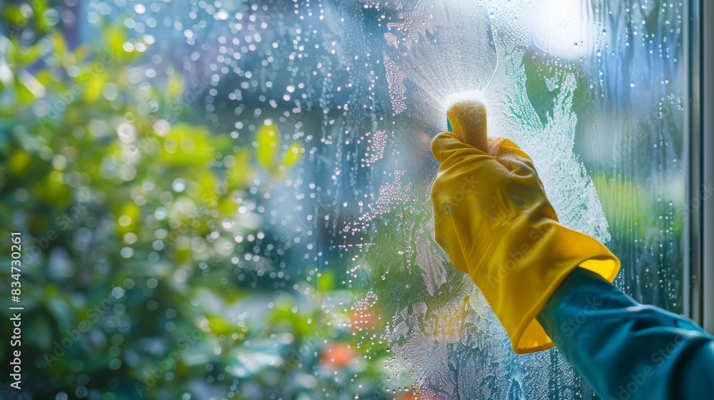 Diligent Window Cleaner in Yellow and Blue Gloves Working Overtime - 4K ...