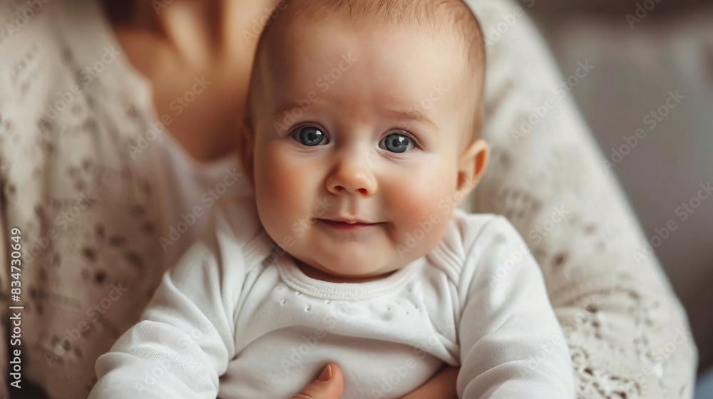 Front view of little baby sitting in mother's arms, wearing white shirt, modern style Front view of little baby sitting in mother's arms, wearing white shirt, modern style