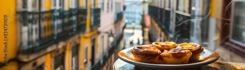 Lisbon, Portugal. Traditional Portuguese custard tarts (pastel de nata) on a plate with a blurred background of a street with yellow buildings.