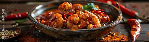 Prawn balchao, spicy Goan prawn pickle, served in a rustic bowl with a coastal Goan village scene photo