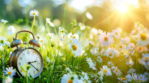 Clock on green grass among flowers.