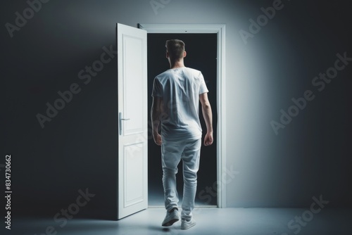 Young person standing in front of door decision making deciding entering light welcome guest concept real estate career path choosing study choice possibility opportunities mortgage opening new life