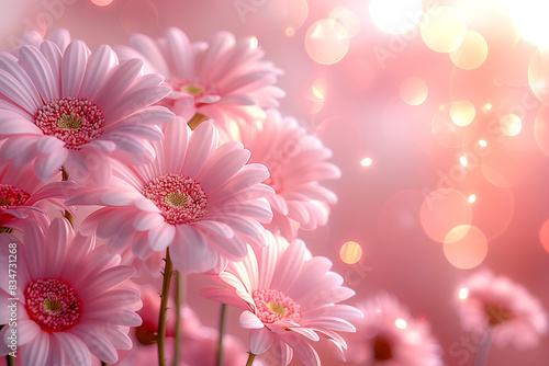 A bouquet of pink flowers with a pink background. The flowers are arranged in a way that they are all facing the same direction. Scene is one of beauty and serenity