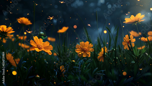 field of marigold flower in the night, Beautiful scenery of marigold flowers close up and isolated on dark night
