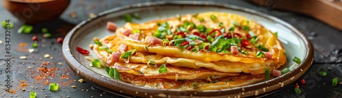 Taiwanese egg pancakes  filled with scallions and ham  served on a rustic plate with a bustling breakfast market backdrop
