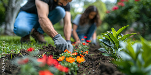 a man and woman are planting flowers in the garden 