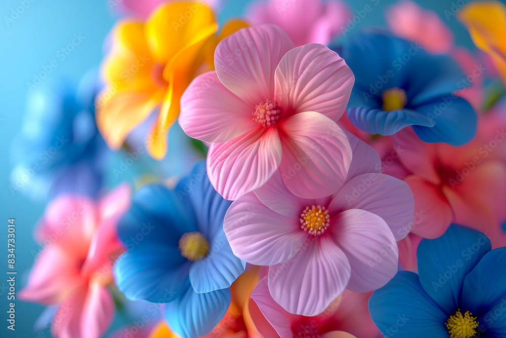 A bouquet of flowers with a blue and pink flower in the middle. The flowers are arranged in a way that they look like they are in a vase. The colors of the flowers are bright and cheerful A bouquet of flowers with a blue and pink flower in the middle. The flowers are arranged in a way that they look like they are in a vase. The colors of the flowers are bright and cheerful
