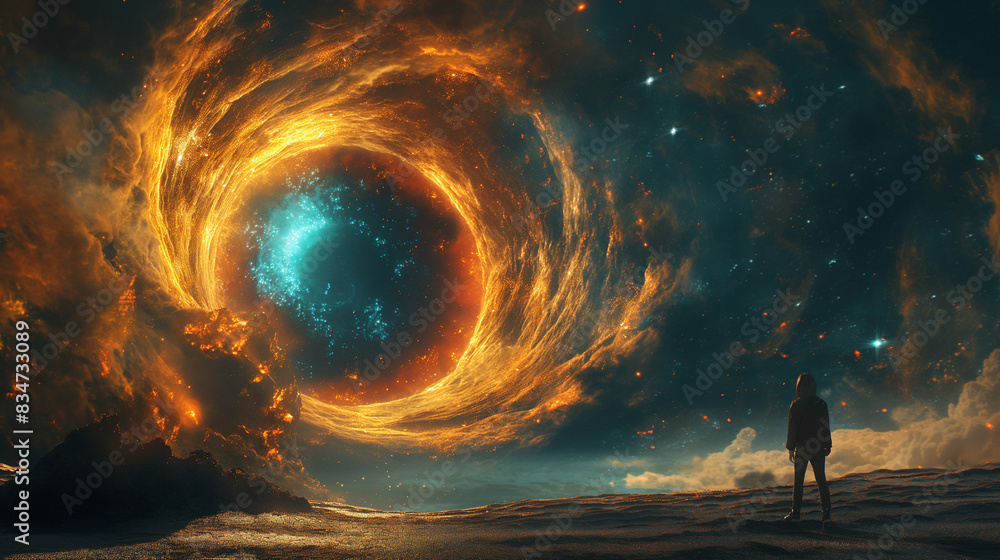 A science fiction concept. Looking at a portal appearing in front of a universe of stars and planets. A science fiction concept. Looking at a portal appearing in front of a universe of stars and planets.