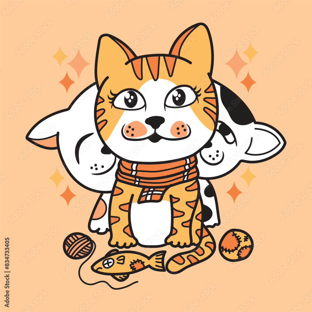 Obraz premium Charming cartoon illustration featuring three cats sitting closely together
