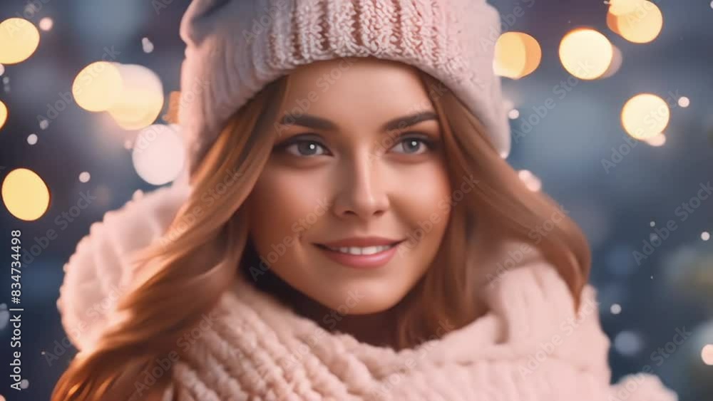 A young woman in winter hat with scarf against the background of falling snow A young woman in winter hat with scarf against the background of falling snow