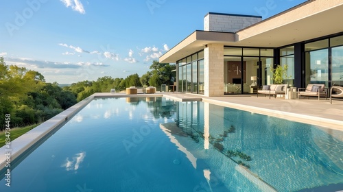   A modern home with an infinity pool overlooking a scenic vista. The house s design incorporates large glass walls  allowing for seamless indoor-outdoor living and spectacular views.