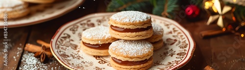 Uruguayan alfajores, sweet biscuits filled with dulce de leche, served on a decorative plate with a festive Uruguayan celebration scene