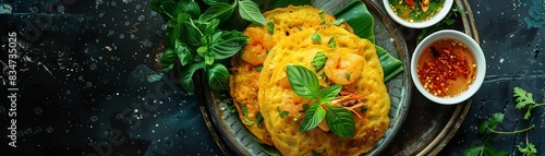 Vietnamese banh xeo, crispy fried pancakes filled with shrimp and pork, served with fresh herbs and a side of nuoc cham, against a backdrop of a Vietnamese street food stall