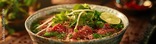 A steaming bowl of pho with rare beef, fresh herbs, and a lime wedge photo