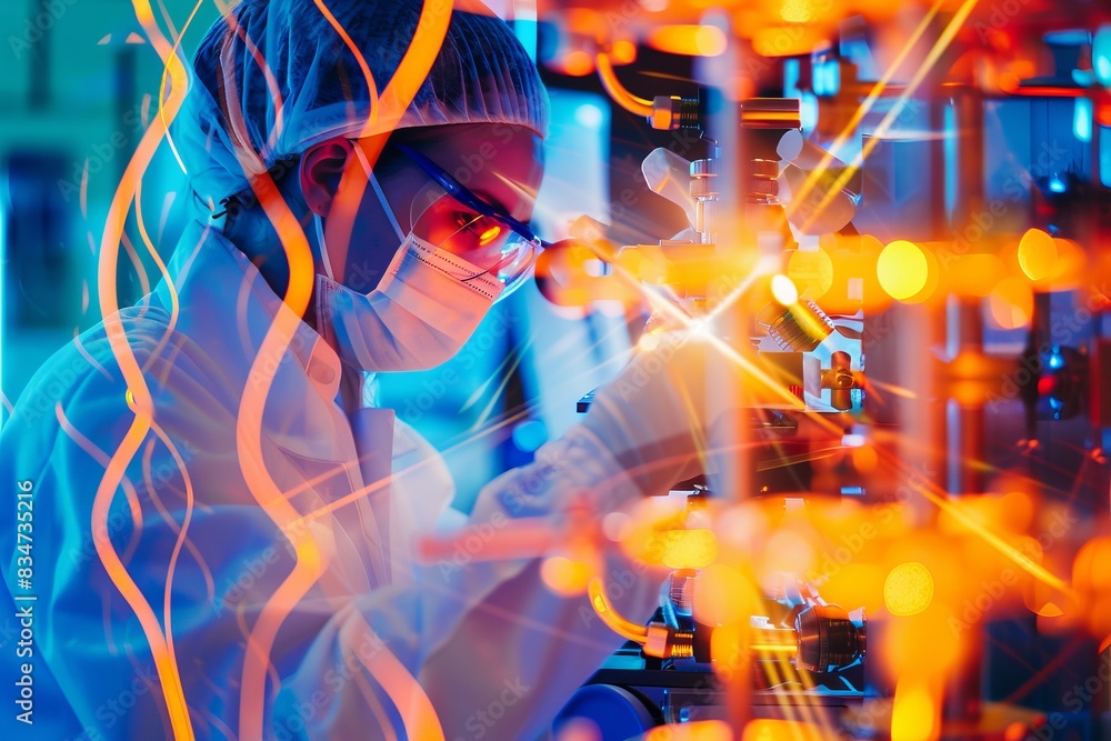 Researcher analyzing neutron structures under a highpowered microscope focus on, selective focus neutron analysis, vibrant, Double exposure, hightech lab backdrop Researcher analyzing neutron structures under a highpowered microscope focus on, selective focus neutron analysis, vibrant, Double exposure, hightech lab backdrop