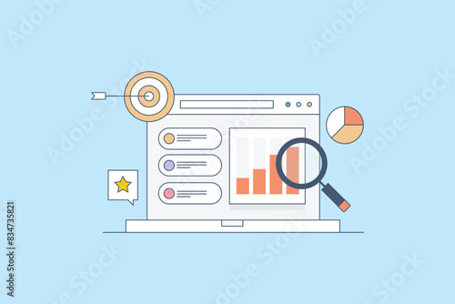 SEO ranking monitoring tool. SEO checker online software. SEO traffic report. Website analytics. Vector illustration background.