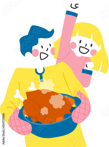 Father holding a pot of braised chicken and daughter shooting behind