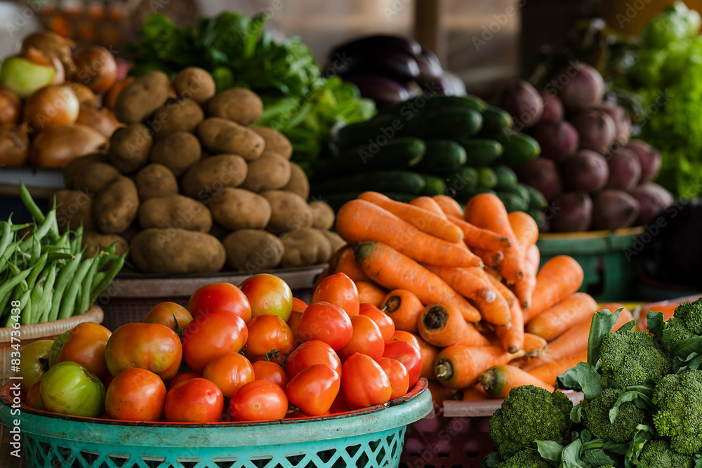 Beautifully arranged fresh vegetables at a traditional market, for sale. Beautifully arranged fresh vegetables at a traditional market, for sale.