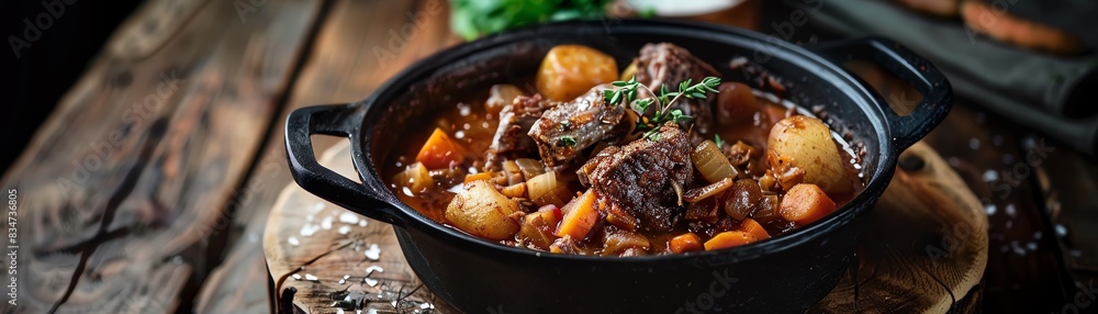 A hearty Irish stew with lamb and root vegetables, served in a cast iron pot, rustic wooden pub table, dimly lit for an inviting atmosphere A hearty Irish stew with lamb and root vegetables, served in a cast iron pot, rustic wooden pub table, dimly lit for an inviting atmosphere