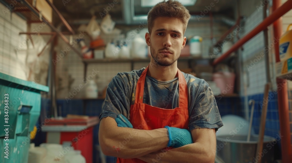 Obraz premium Dedicated Janitor Embracing Holiday Hustle: Labor Day, National Day, New Year, Grand Opening, and 4K HD Wallpaper，Cleaner in work clothes looking at the camera, wearing a safety helmet, danger, Labor 
