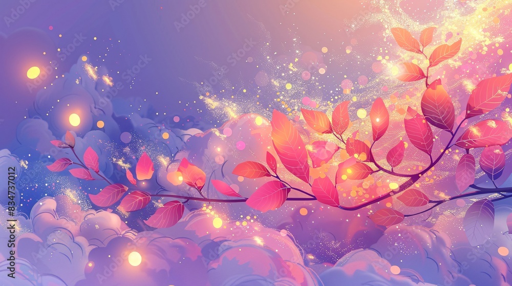 whimsical flat vector illustration of a graceful plant branch intertwined with fluffy clouds and sparkling particles, the vibrant pink petals complemented by golden light bubbles of fireflies, the whimsical flat vector illustration of a graceful plant branch intertwined with fluffy clouds and sparkling particles, the vibrant pink petals complemented by golden light bubbles of fireflies, the