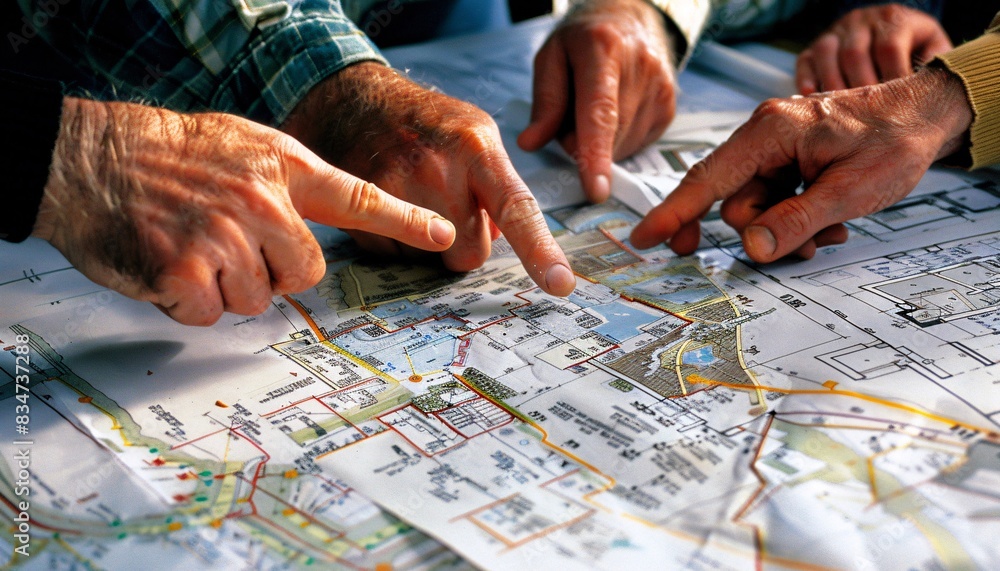 Fototapeta premium Close-up of hands pointing at property blueprints and financial documents on a table, representing teamwork and strategic planning in the creation of a SCI