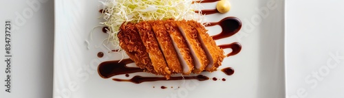 A minimalist shot of a pankocrusted katsu cutlet, sliced and fanned out on a plain white plate with a small mound of shredded cabbage and a dollop of sauce photo