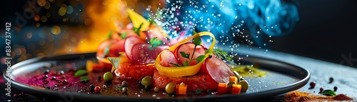 A plate of Danish sm rrebr d, various toppings artistically arranged, vibrant colors, modern kitchen setting, high contrast lighting