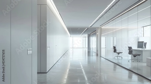 Contemporary Business Office Corridor with Minimalist Design, Empty Space, and Meeting Room - Interior Architecture Concept.   © touseef
