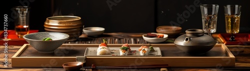 A sophisticated setting of a sushi kaiseki meal, with each course presented on individual ceramic dishes, accompanied by sake in fine glassware