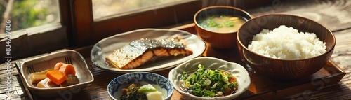 A traditional Japanese breakfast tray featuring grilled fish, miso soup, steamed rice, and pickled vegetables, with a morning light window view
