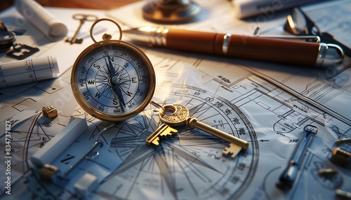 A compass and a key placed on a table surrounded by financial plans and property blueprints, symbolizing guidance and unlocking opportunities in SCI creation