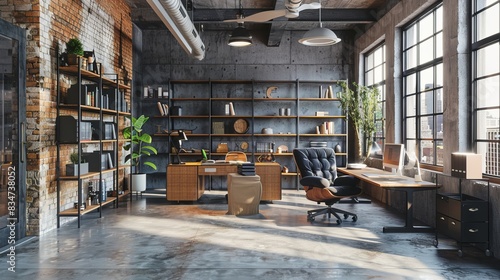 Contemporary industrial loft office interior design  3d render - business concept.  