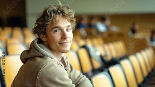 Wallpaper Mural Portrait of a French caucasian happy university male student sitting in a college lecture hall Torontodigital.ca