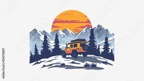 Vintage retro car in the mountains. Vector hand drawn illustration