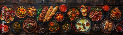 Artistic composition of Spanish tapas, variety of small dishes spread out on a dark oak table, vibrant colors, intimate lighting for a cozy ambiance