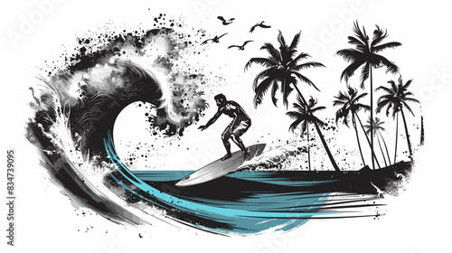 A man is surfing on a wave in the ocean. The image has a mood of excitement and adventure