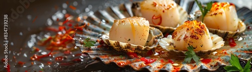 Baked scallops with Thai spices, served in shell, romantic beach dinner setting