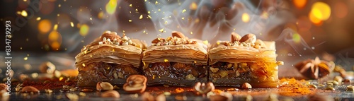 Baklava, layers of filo filled with nuts and honey, vibrant Middle Eastern market