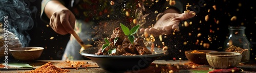 Beef rendang, slowcooked in coconut milk and spices, festive Indonesian ceremony