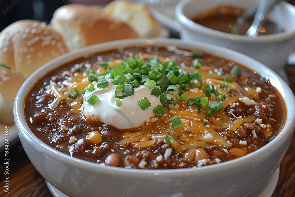 Chili - Bowl of chili with cheese, sour cream, and green onions. Chili - Bowl of chili with cheese, sour cream, and green onions.