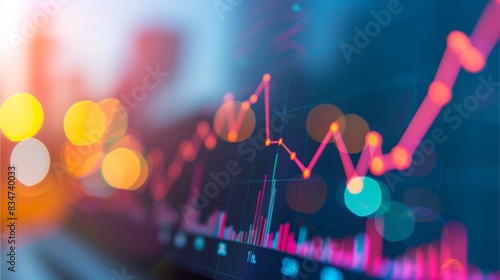 Stock market chart with blue digital lines, heart rate patterns, and technological elements