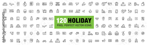 120 holiday and travel 48 x 48 pixels icons set. Air flights, camping, trekking, beach relax and winter mountain active vacations. Pixel perfect, editable stroke