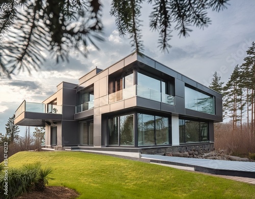 modern house in the park, modern house with expansive windows and metal finishes