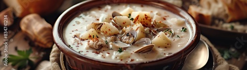 Clam chowder, creamy and loaded with potatoes and clams, cozy New England seafood shack photo